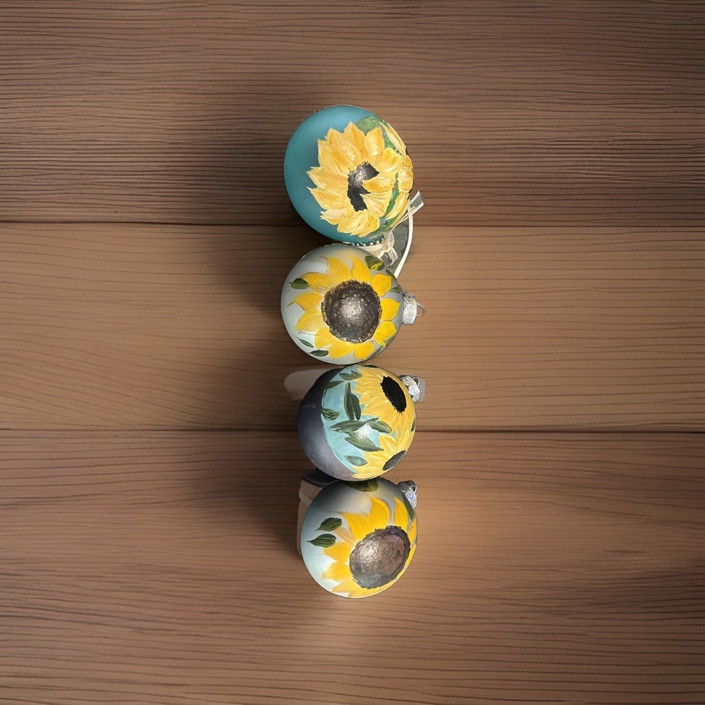 Hand-Painted Ball Ornaments Set 4 Vibrant Sunflower Christmas Thanksgiving